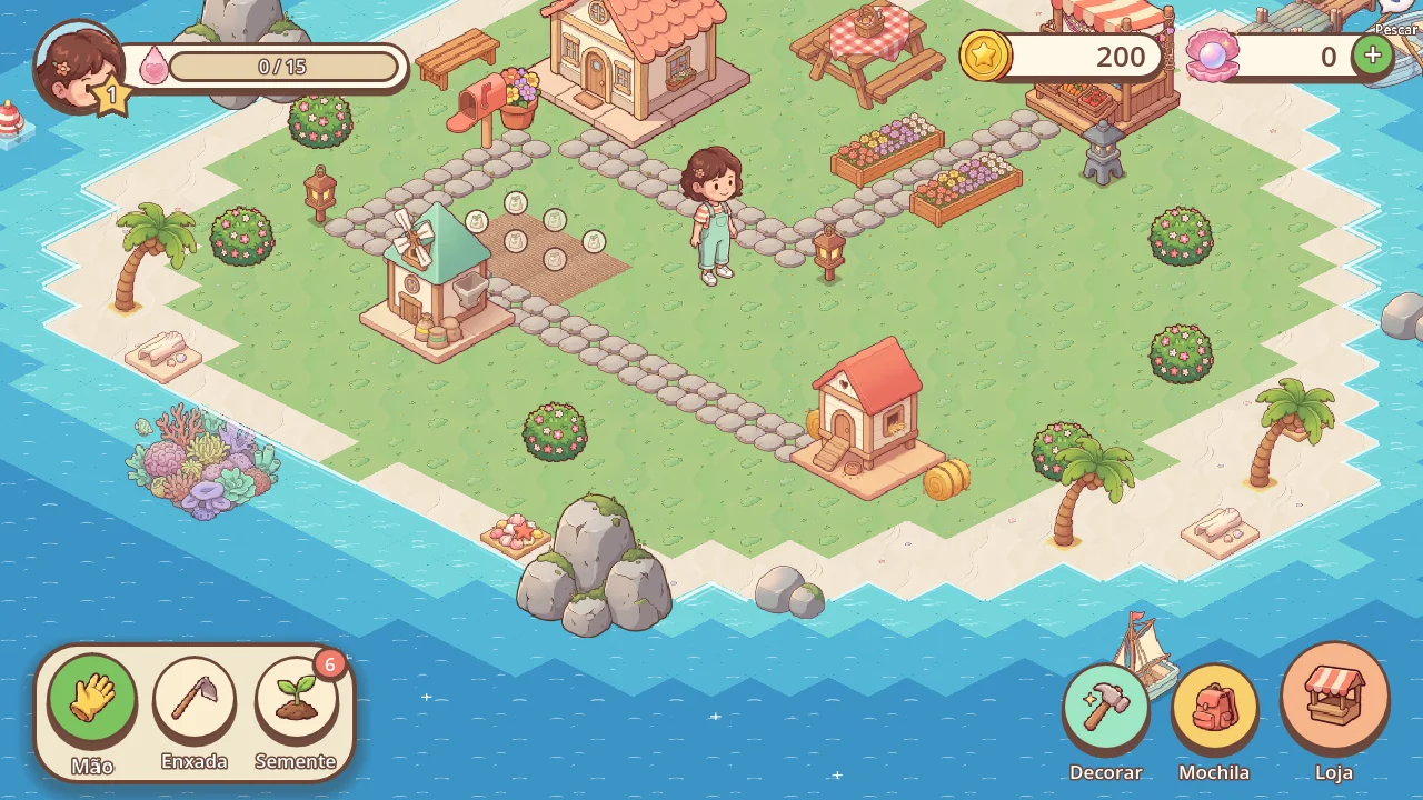 The island in the game: cottage, windmill, chicken coop, garden and the character on a stone path.