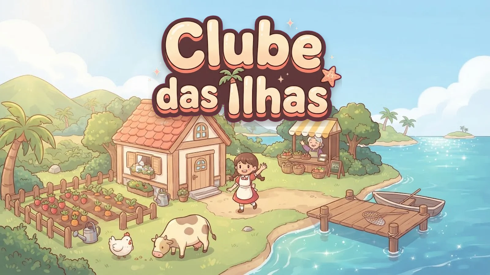 Clube das Ilhas artwork: a tropical island with a cottage, a garden and blue sea.